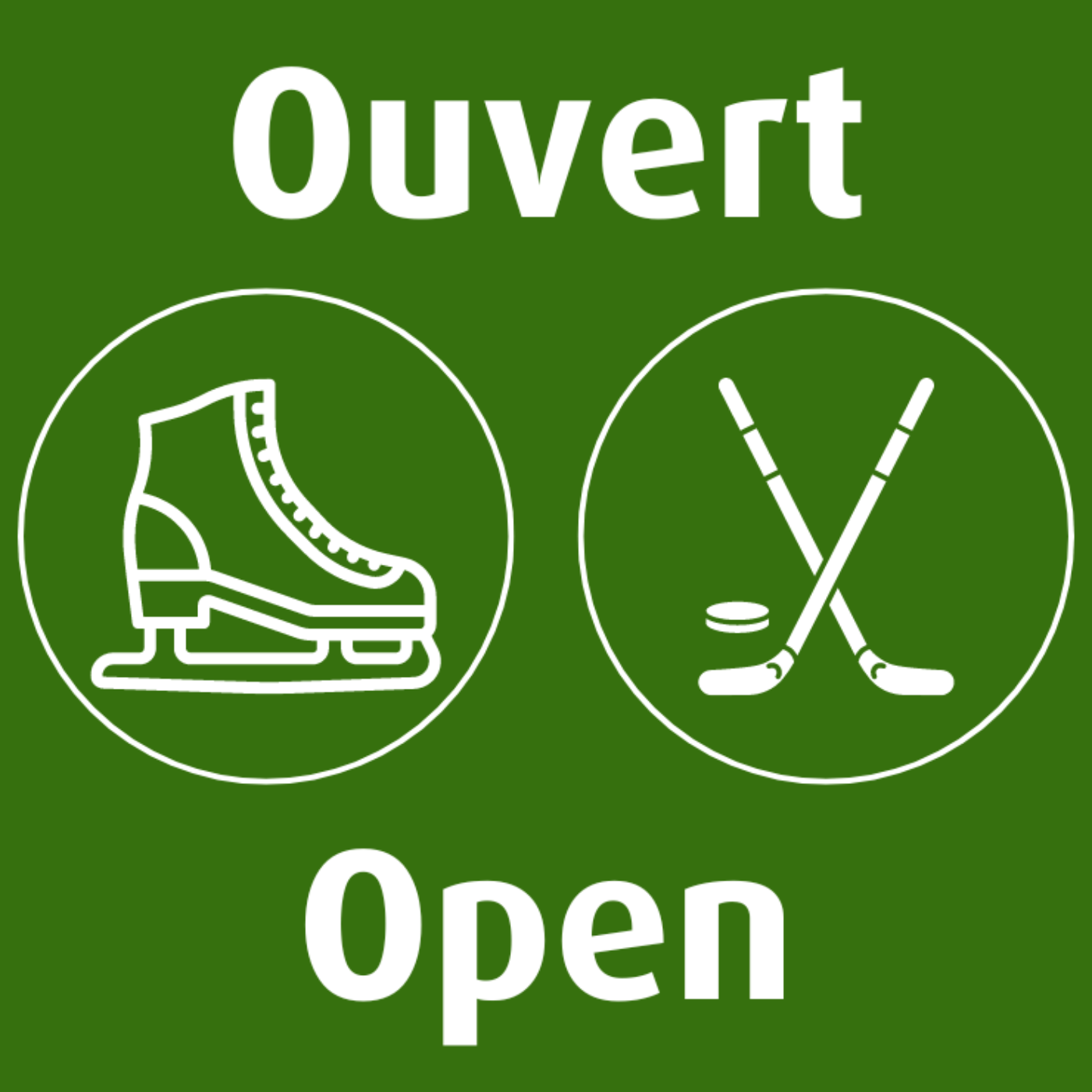 Green sign indicating the outdoor rink is open for skating and hockey.