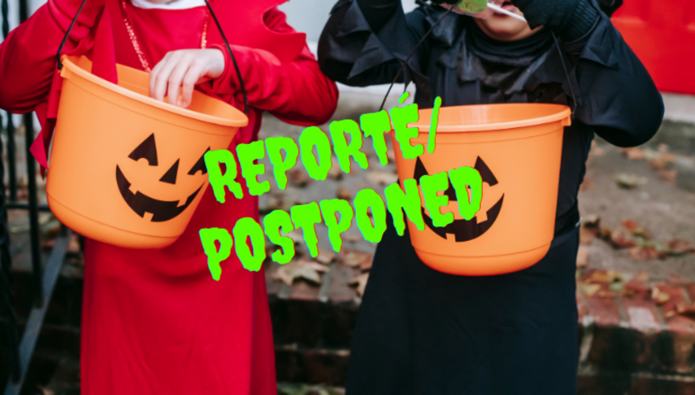 Genericx image of kids getting candy with sign postponed