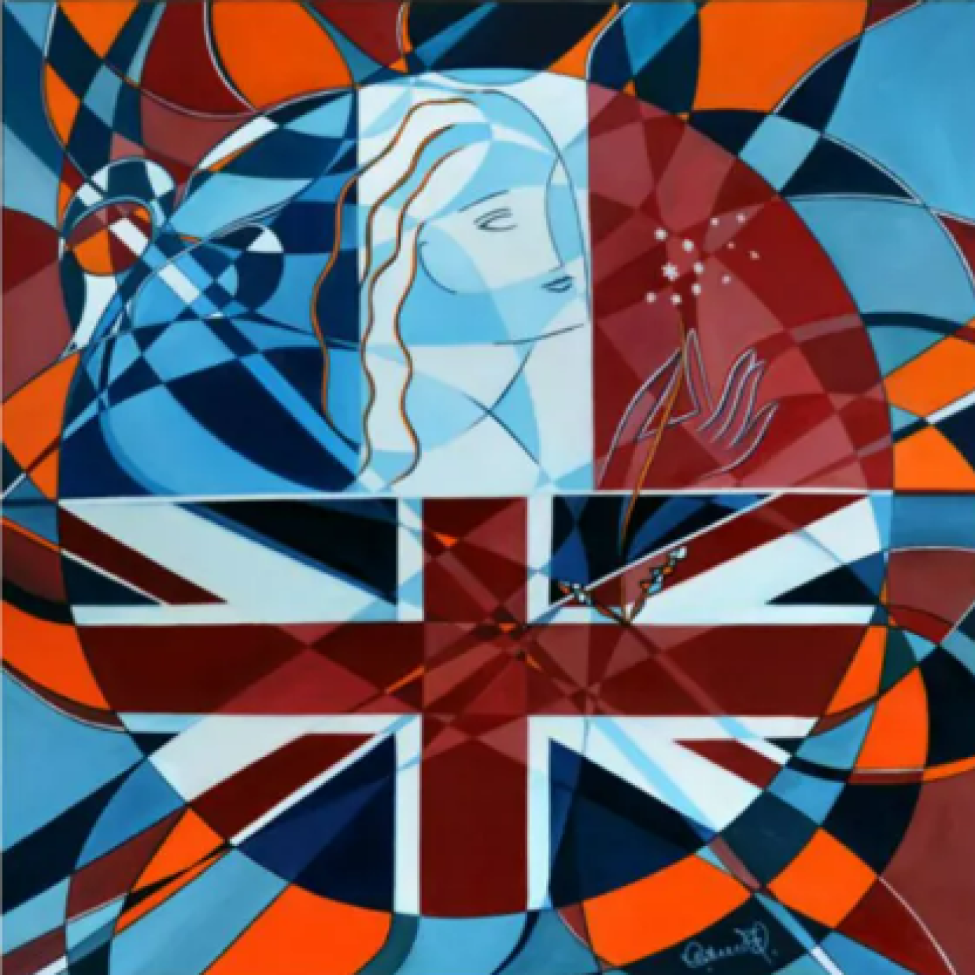 Illustration abstraite aux couleurs vives représentant un portrait stylisé superposé à un motif du drapeau britannique, avec des formes géométriques et des éléments artistiques.