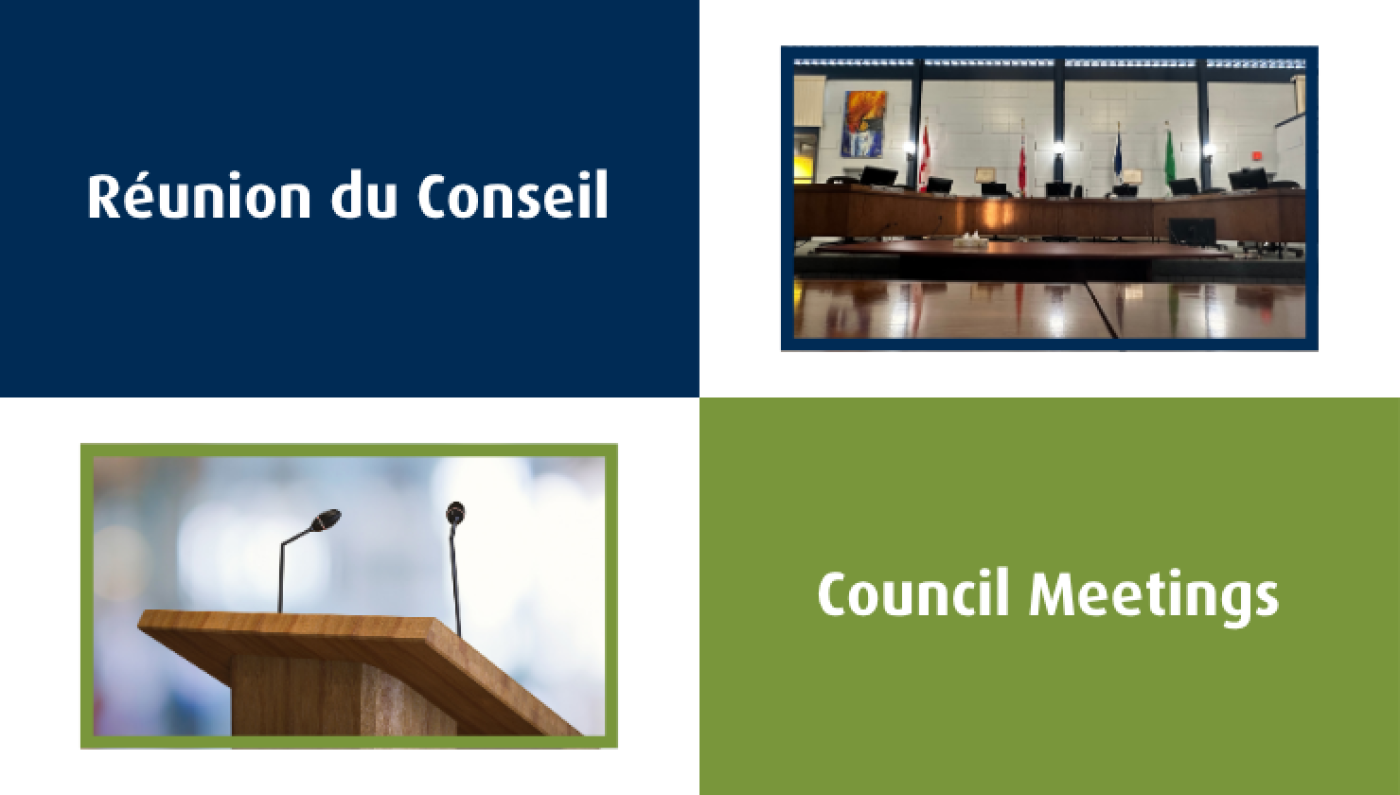 Image divisée en quatres parties. Partie haut gauche dit : Réunion du Conseil, la partie haut droite inclut une image d'une salle de réunion vide, image du bas gauche inclut un podium avec des microphones et la partie bas droite dit en anglais : 