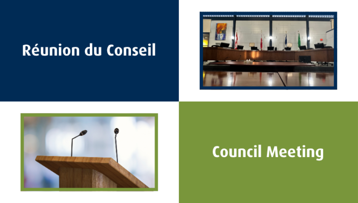 A four‑panel graphic promoting a council meeting. The top left panel has a dark blue background with the French text “Réunion du Conseil.” The top right panel shows an empty council chamber with desks, chairs, and flags. The bottom left panel shows a wooden podium with two microphones. The bottom right panel has a green background with the English text “Council Meeting.”