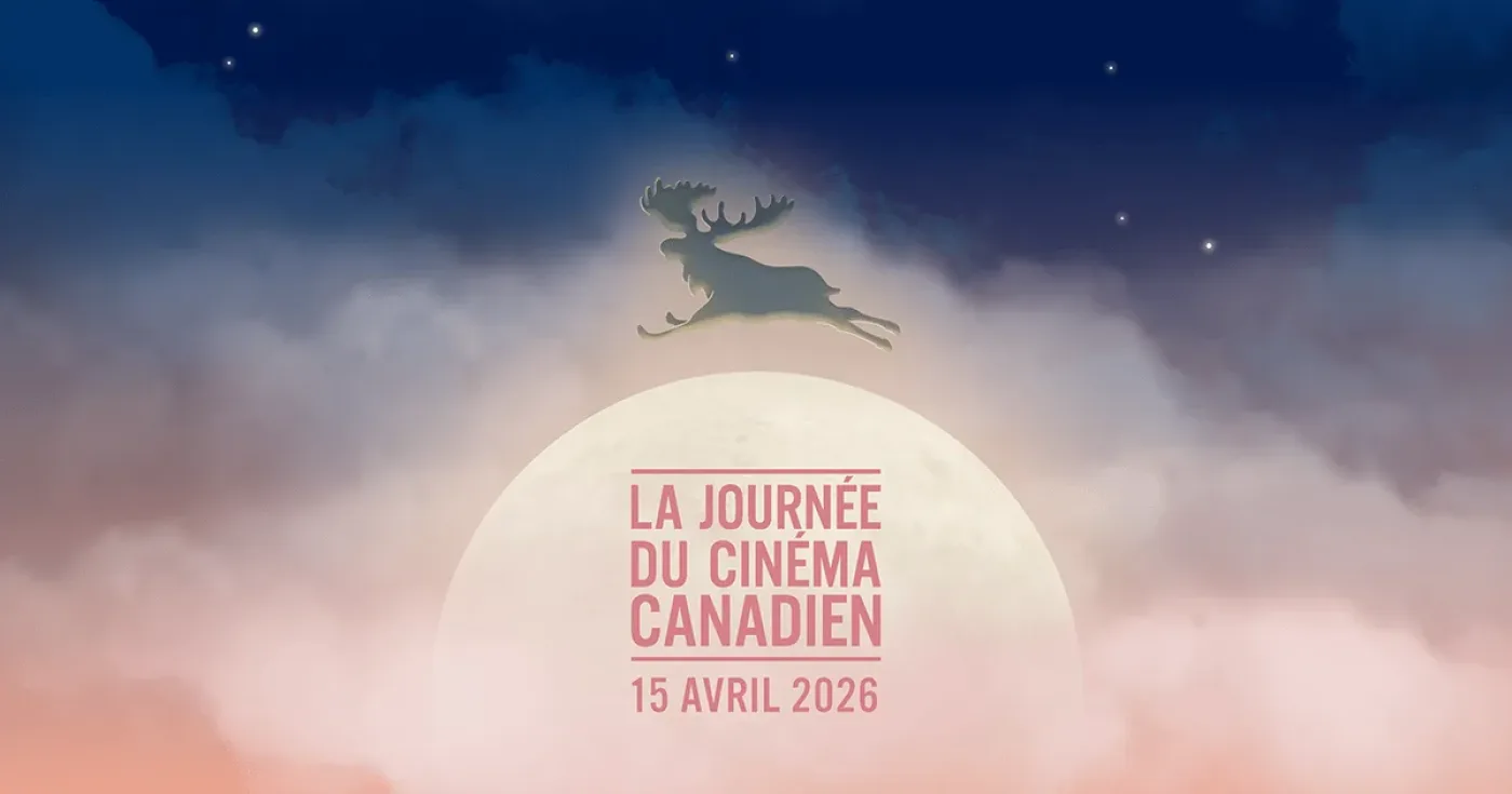 Background is the sky at night with lots of clouds and smoke. A reindeer is flying above a semi-circle, which reads in French 